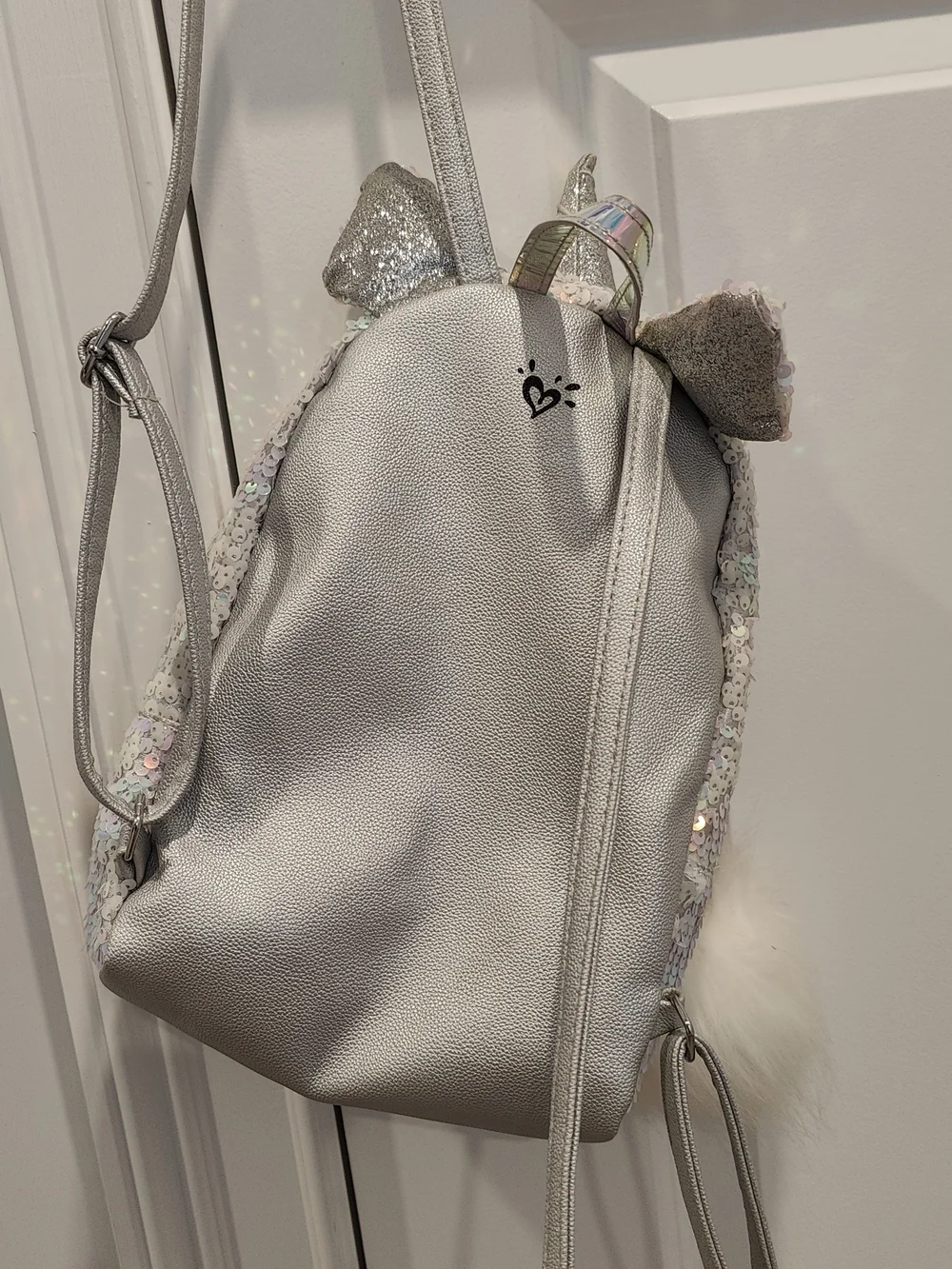 Justice Iridescent Sequin Unicorn Mini Backpack with Letter K And White Pom